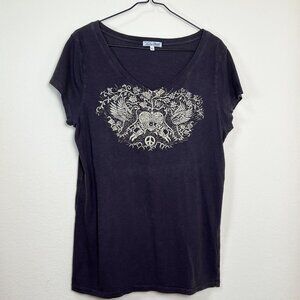 LUCKY BRAND Dark Gray True Love V-Neck Short Sleeve Graphic Tee Shirt Women's L